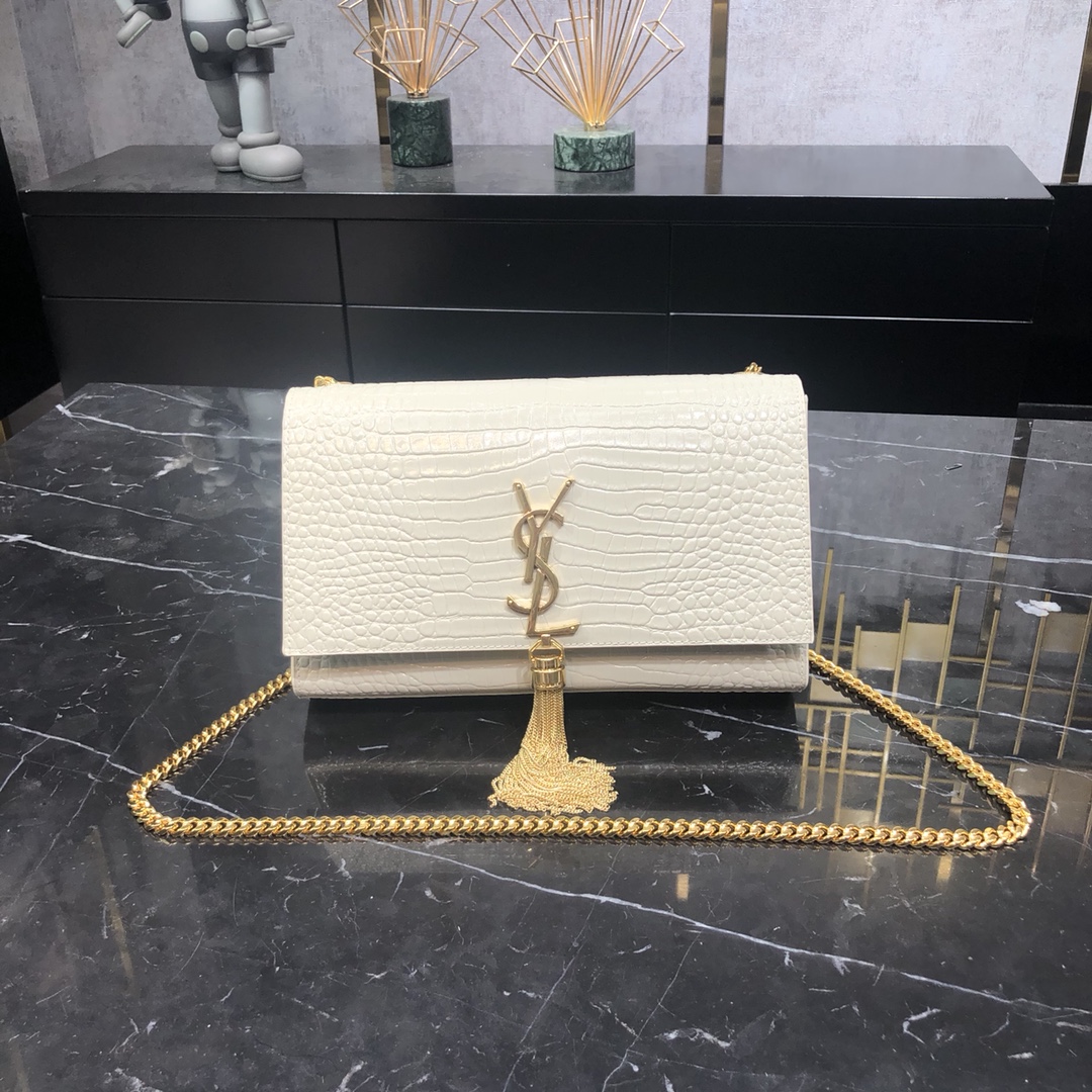 Saint Laurent Kate Tassel Medium Crocodile Embossed Calfskin Shoulder Bag White 354119 Gold